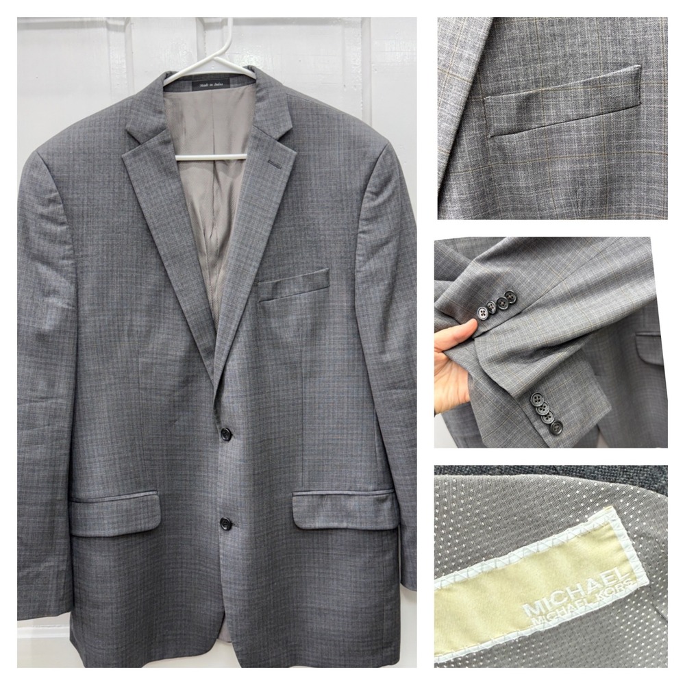 Michael Kors Mens 44L Gray Plaid Wool Two Button Blazer Suit Jacket Glen Plaid